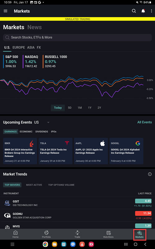 The markets homepage on the Android Tablet. 